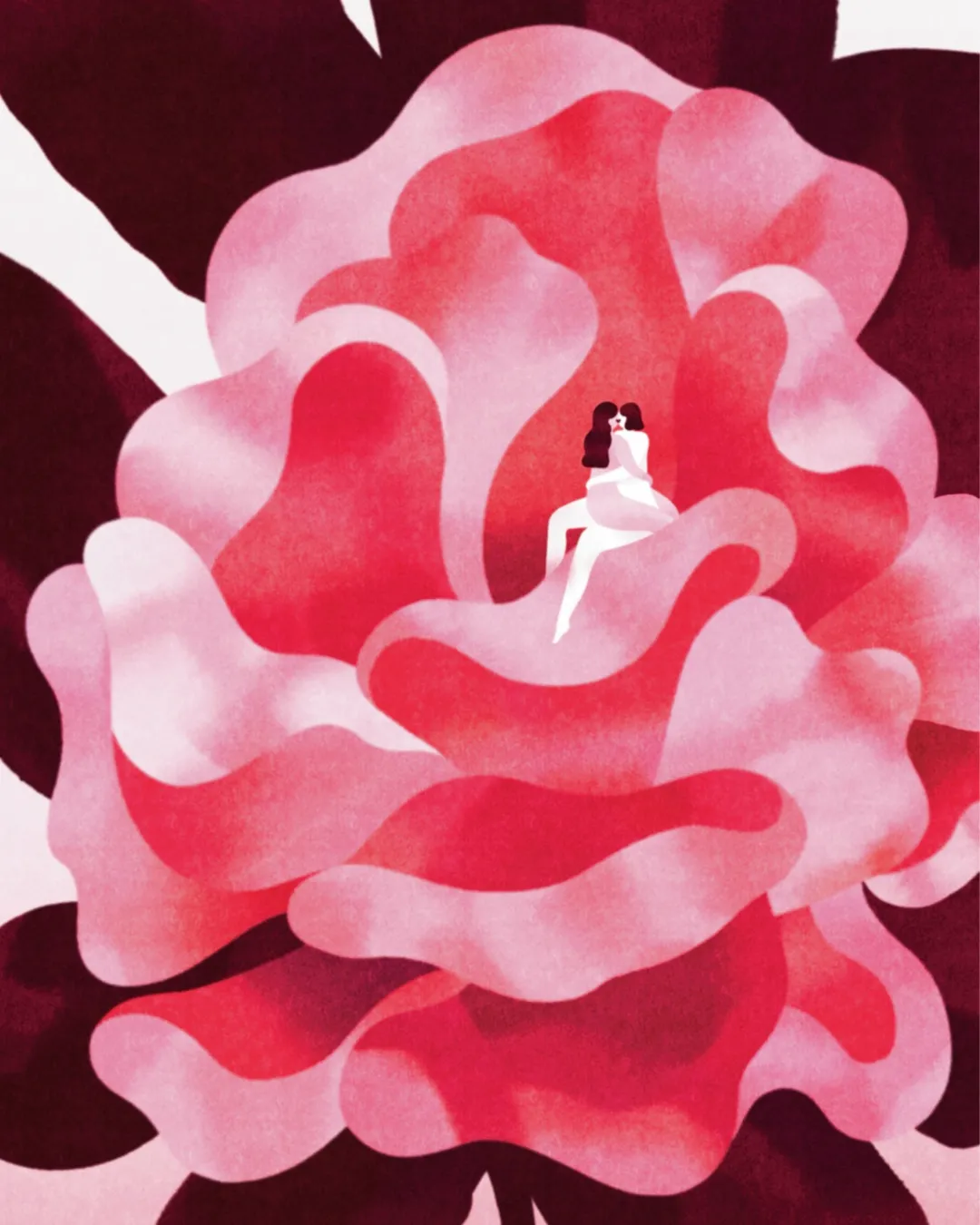 A pair of women is immersed inside a large open rose, made of pink and red petals that completely surround them.