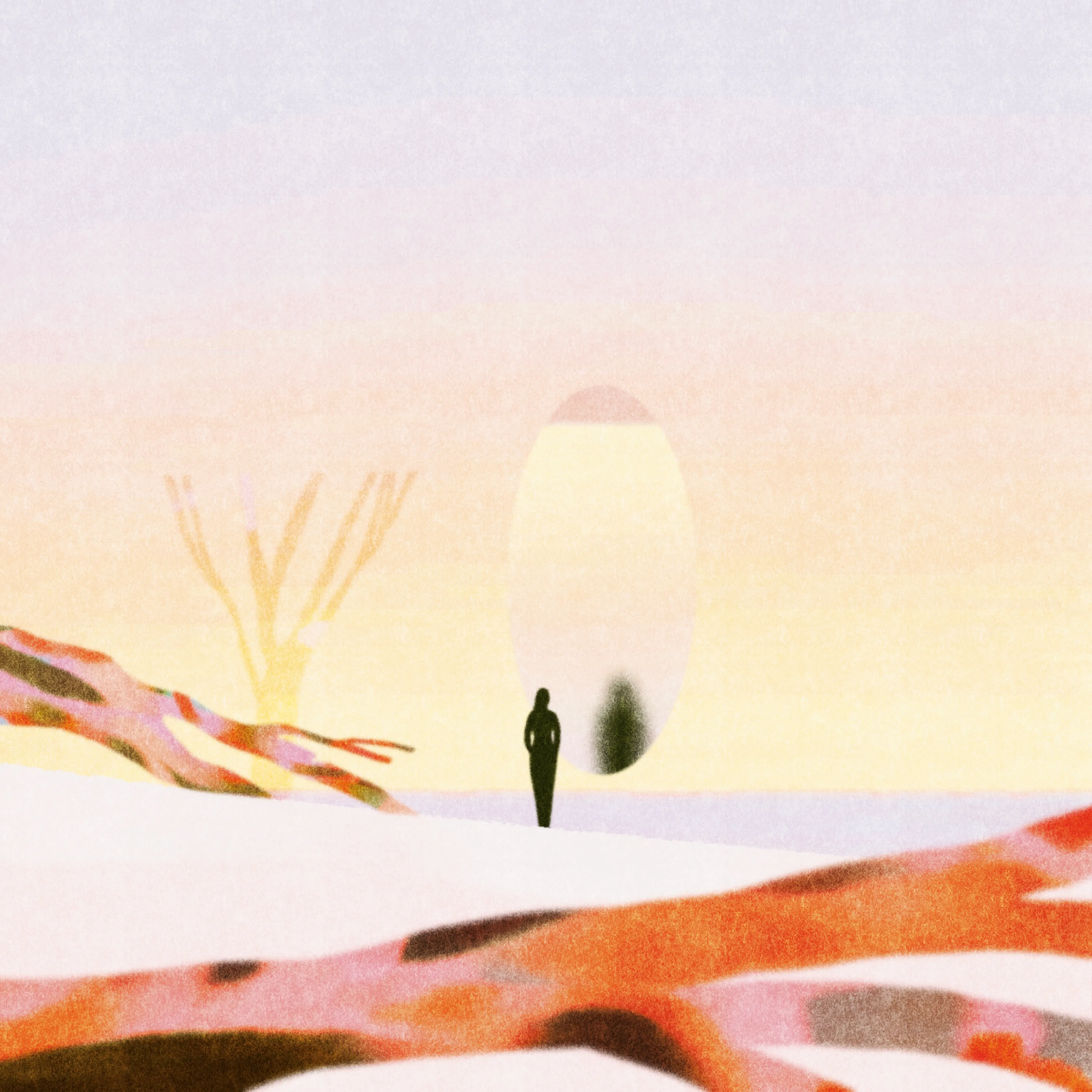 A luminous desert landscape with soft hills. At the center, a tiny figure walks toward a mirror in which it is reflected, in an almost empty environment.