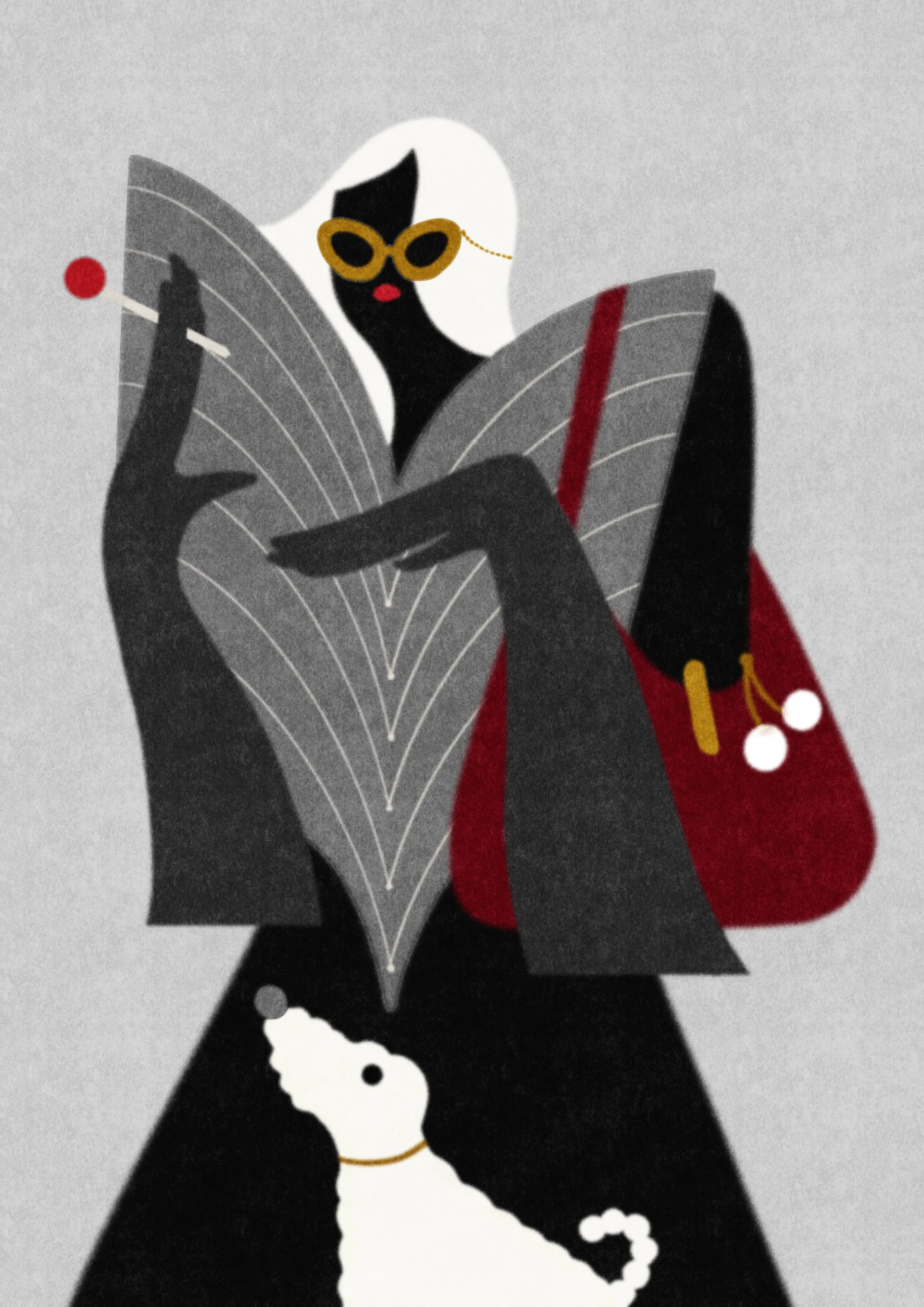 A tall figure dressed in dark clothing holds a handbag. At their feet stands a small white dog. The atmosphere is urban and elegant.