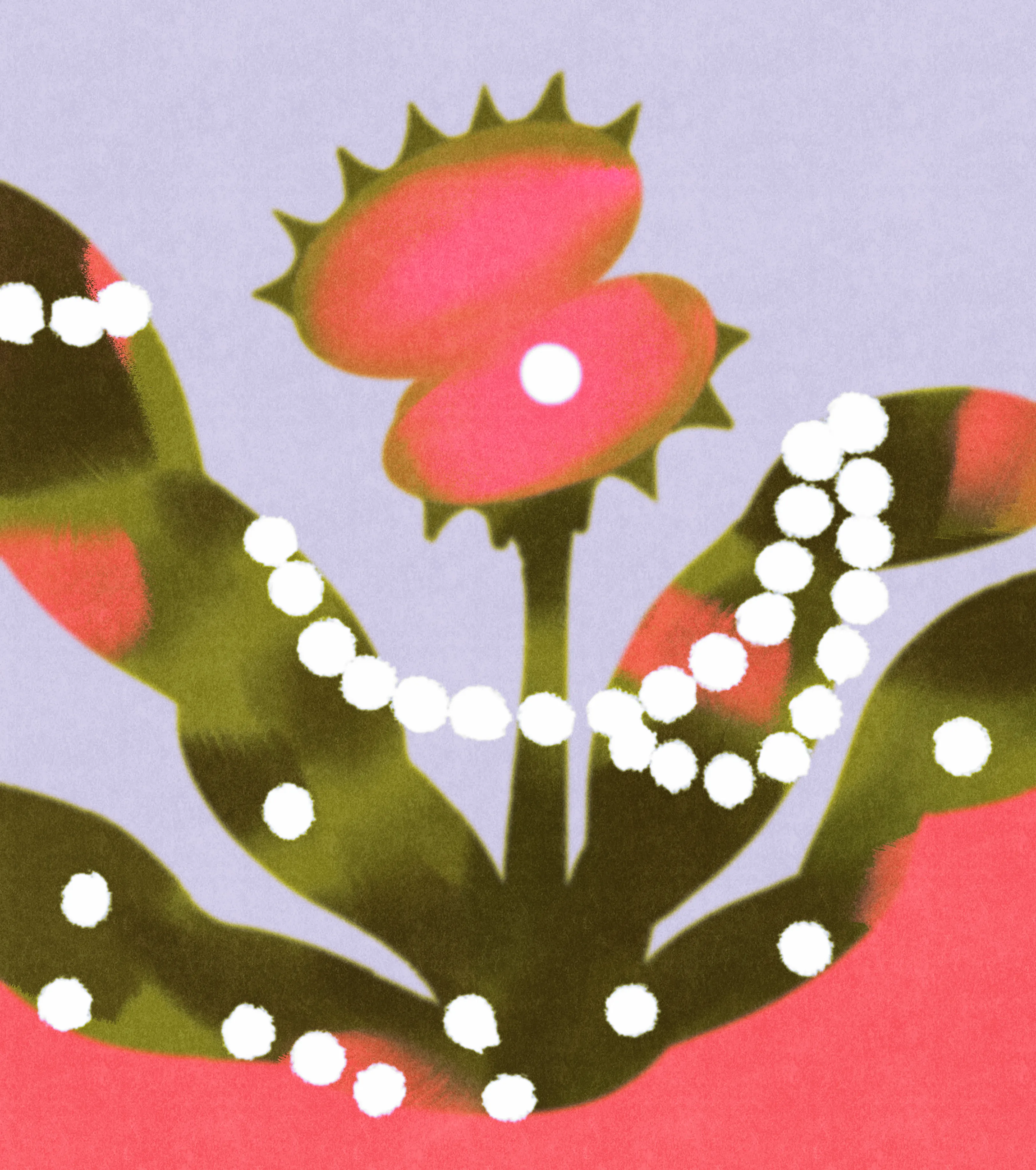 A carnivorous plant stands at the center of the image, surrounded by dark leaves and a pearl necklace, with one pearl held in its mouth.