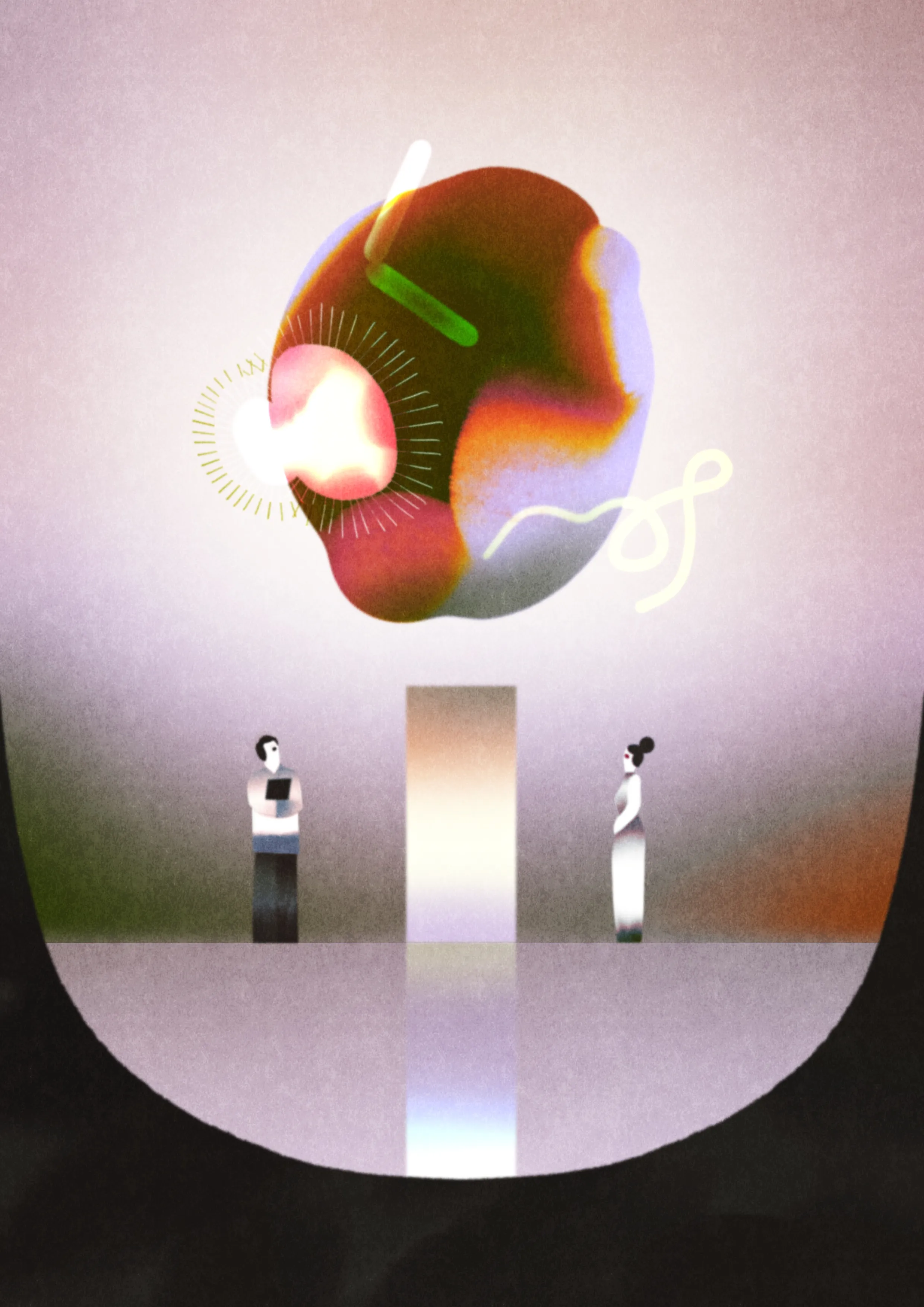 A large, luminous abstract form floats at the center. Beneath it, on a dark floor, two small human figures observe.