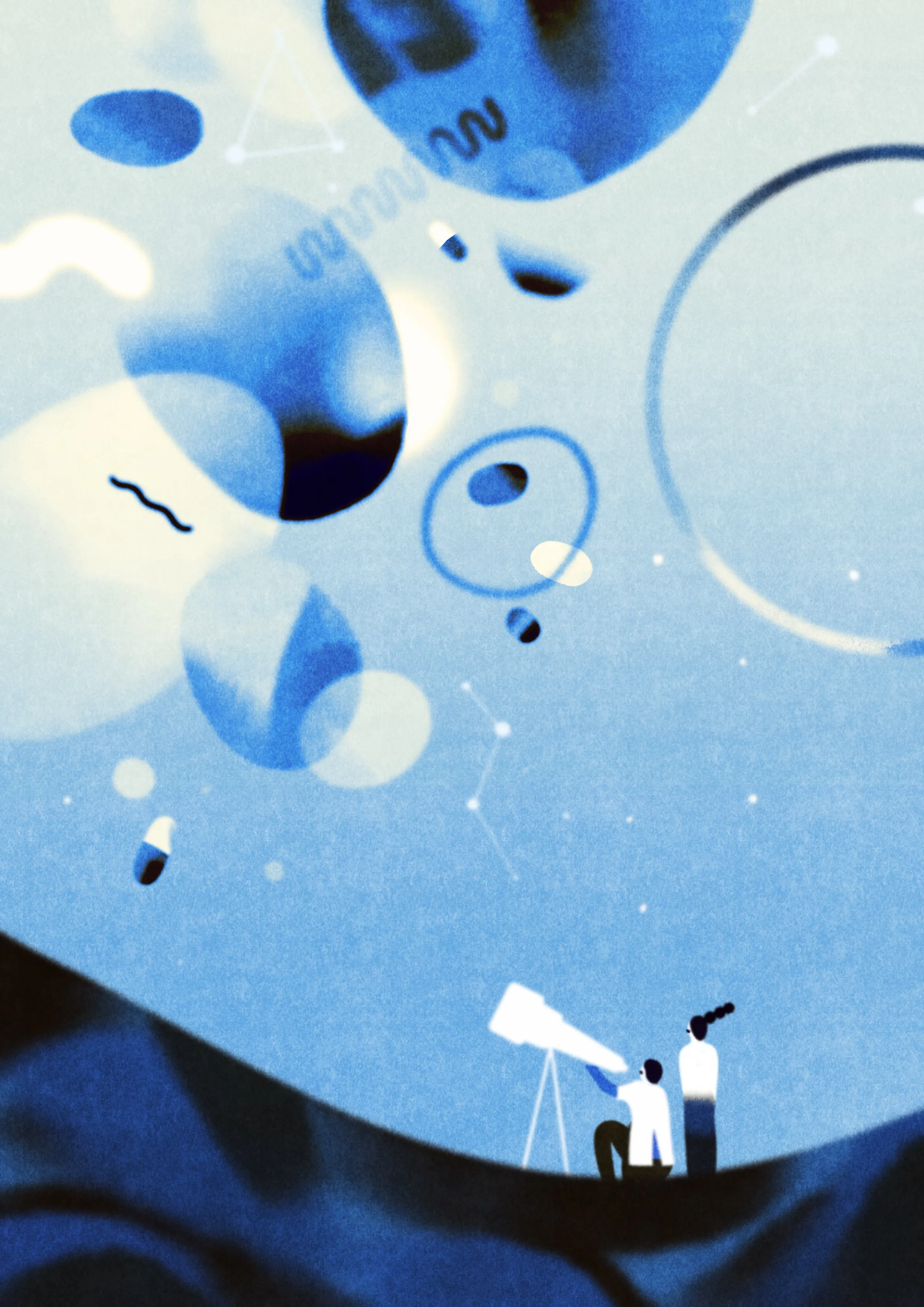 The image is dominated by blue. Small figures observe cells, constellations, and light.