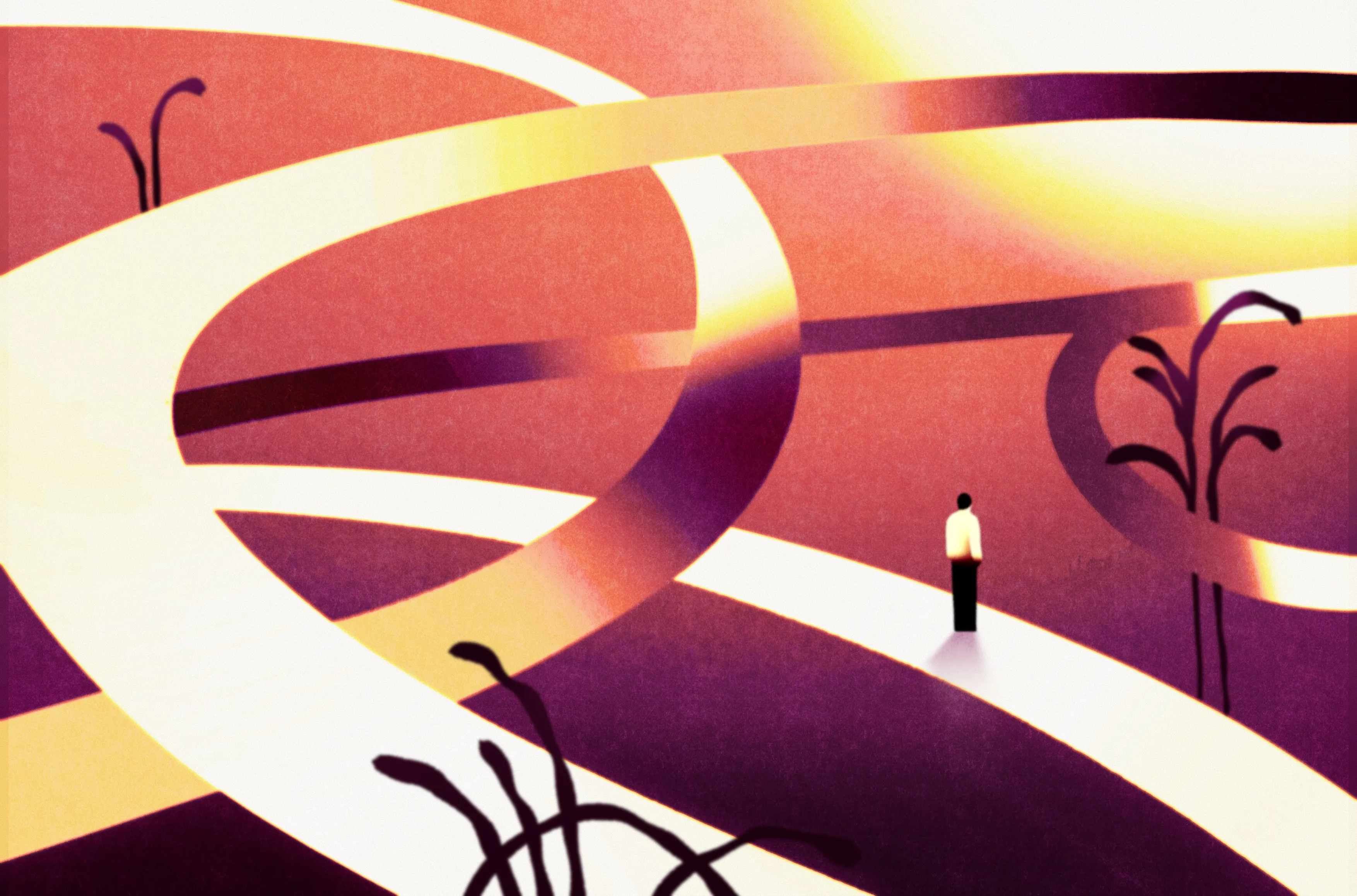 A bright, winding road crosses an abstract landscape in warm colors. A small human figure walks along the path, immersed in open space.