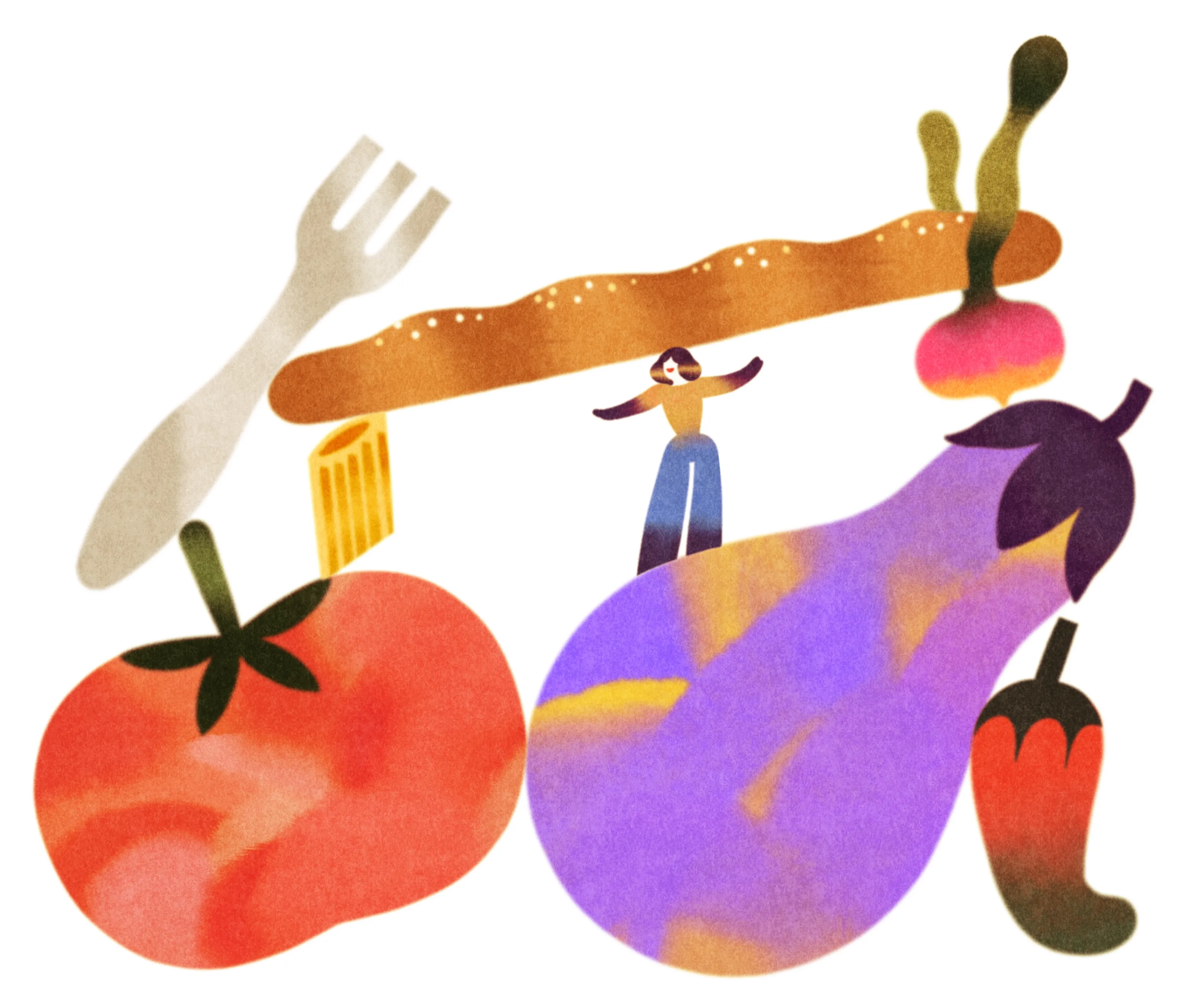 A woman balances a baguette surrounded by vegetables: chili pepper, eggplant, tomato, and onion.