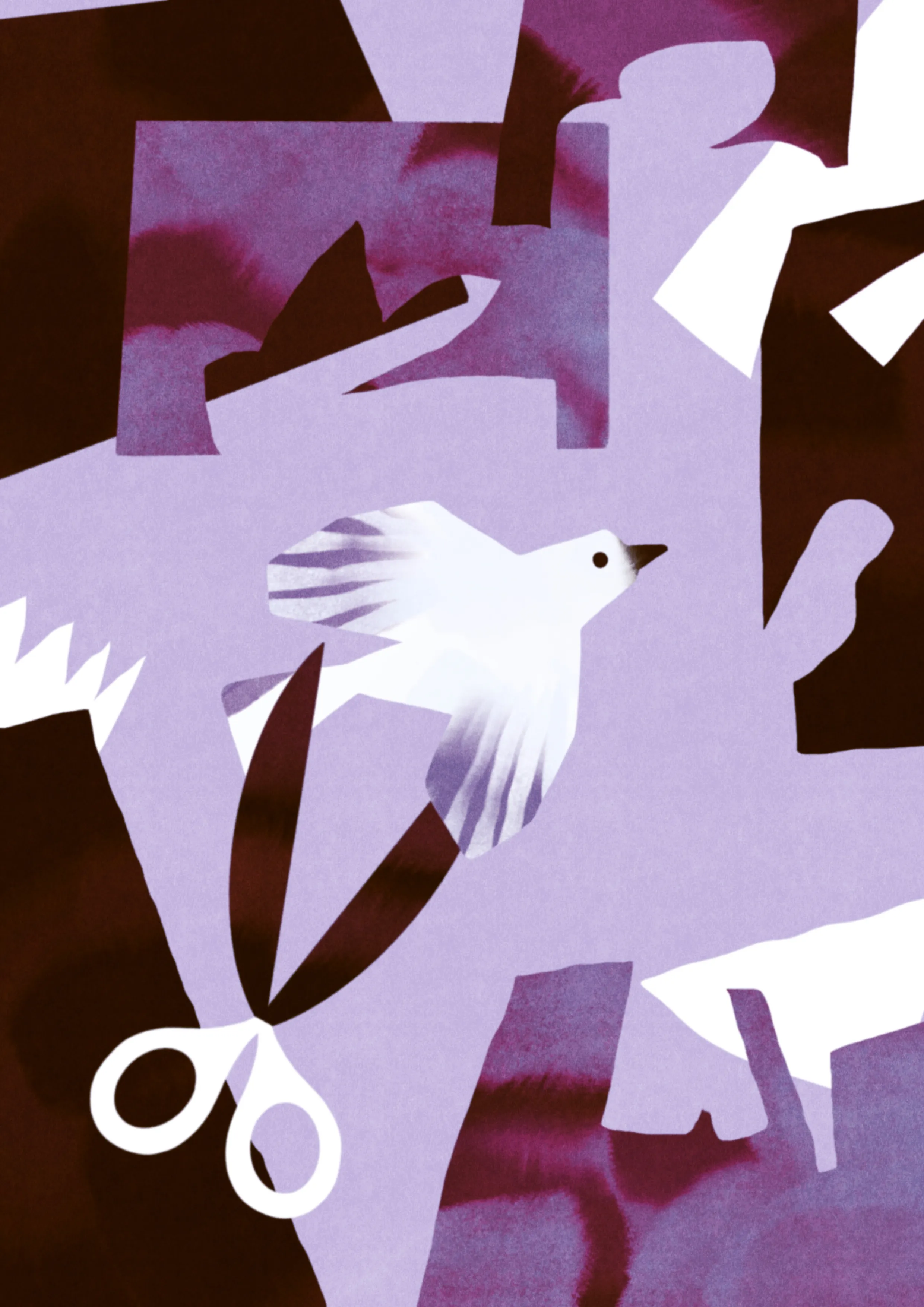 A white bird flies among purple shapes. At the bottom, scissors are visible, creating a contrast between freedom and danger.