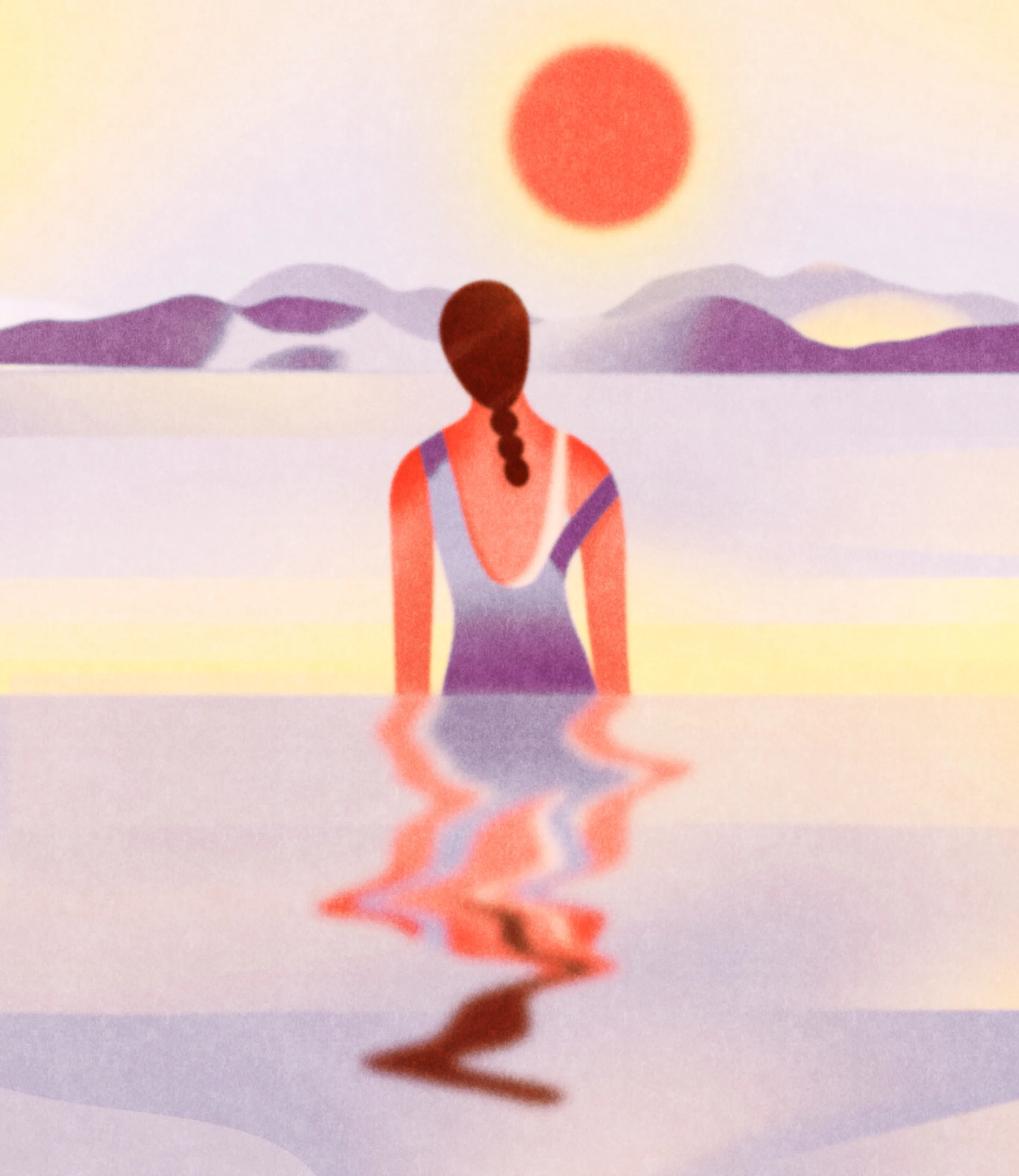 A woman stands in calm water up to her legs. Her reflection is visible on the surface. In the background, a round, low sun sits on a flat horizon. On her shoulder, there is a mark of sunburn.