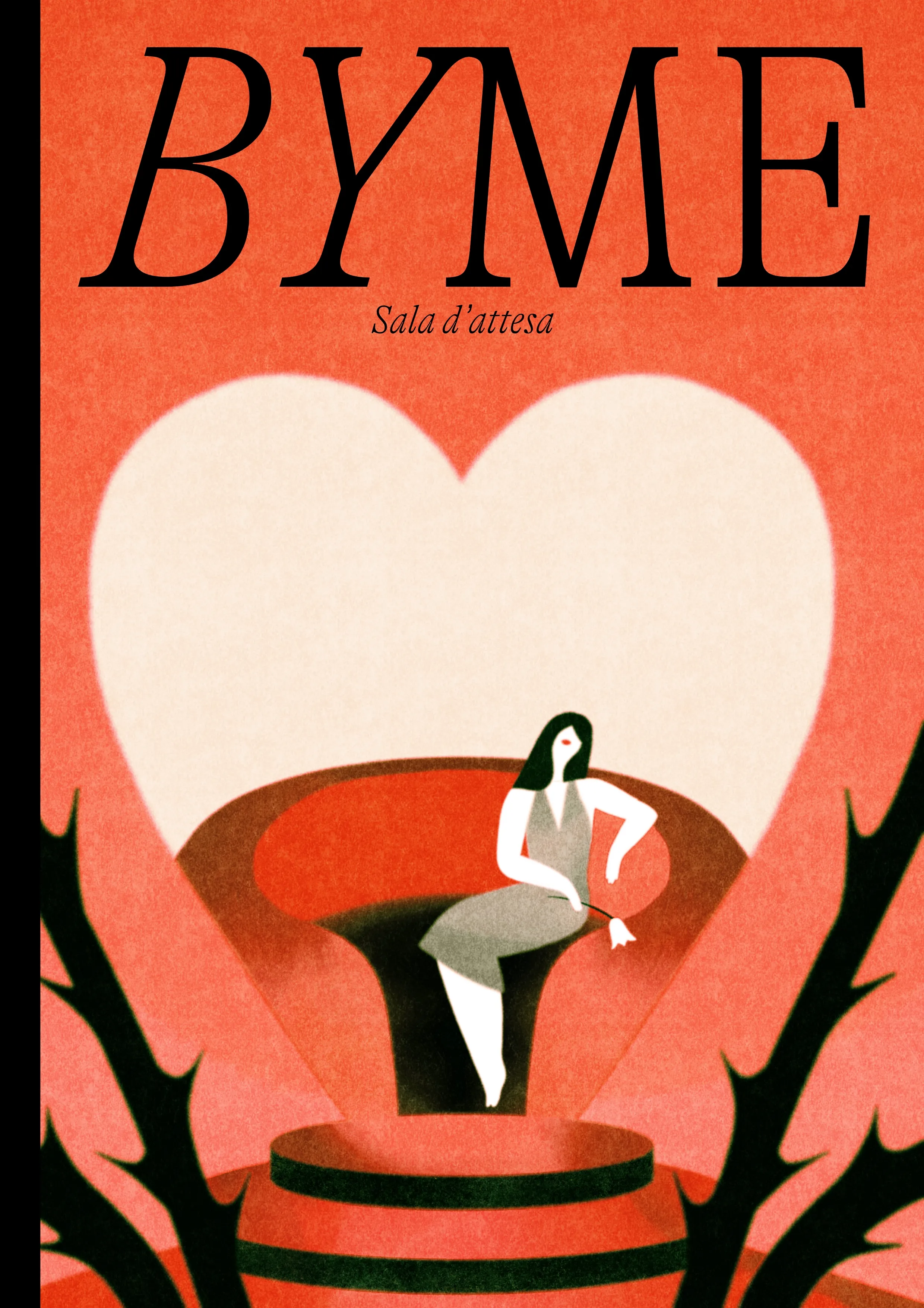 A woman sits on a sofa. In front of her, there is a light-colored heart-shaped form. The image is an editorial cover titled “BYME.”